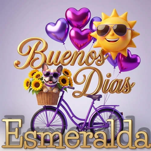 Bicicleta morada con cesta de girasoles y perrito, globos corazón, sol sonriente, nombre grande dorado abajo. Nombre personalizado: Esmeralda. Bicicleta morada con cesta de girasoles y perrito, globos corazón, sol sonriente, nombre grande dorado abajo. Nombre personalizado: Esmeralda.