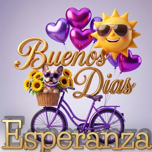 Bicicleta morada con cesta de girasoles y perrito, globos corazón, sol sonriente, nombre grande dorado abajo. Nombre personalizado: Esperanza. Bicicleta morada con cesta de girasoles y perrito, globos corazón, sol sonriente, nombre grande dorado abajo. Nombre personalizado: Esperanza.