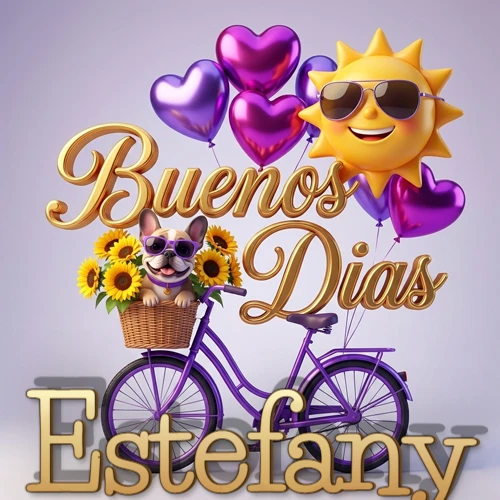 Bicicleta morada con cesta de girasoles y perrito, globos corazón, sol sonriente, nombre grande dorado abajo. Nombre personalizado: Estefany. Bicicleta morada con cesta de girasoles y perrito, globos corazón, sol sonriente, nombre grande dorado abajo. Nombre personalizado: Estefany.