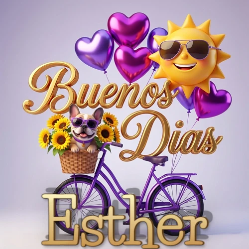 Bicicleta morada con cesta de girasoles y perrito, globos corazón, sol sonriente, nombre grande dorado abajo. Nombre personalizado: Esther. Bicicleta morada con cesta de girasoles y perrito, globos corazón, sol sonriente, nombre grande dorado abajo. Nombre personalizado: Esther.