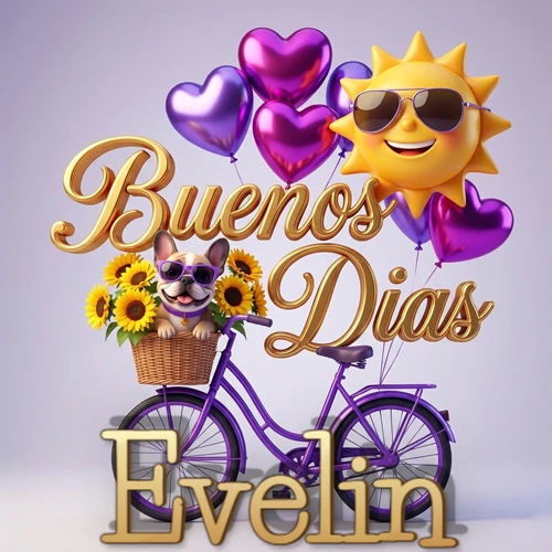 Bicicleta morada con cesta de girasoles y perrito, globos corazón, sol sonriente, nombre grande dorado abajo. Nombre personalizado: Evelin. Bicicleta morada con cesta de girasoles y perrito, globos corazón, sol sonriente, nombre grande dorado abajo. Nombre personalizado: Evelin.