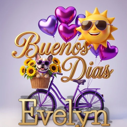 Bicicleta morada con cesta de girasoles y perrito, globos corazón, sol sonriente, nombre grande dorado abajo. Nombre personalizado: Evelyn. Bicicleta morada con cesta de girasoles y perrito, globos corazón, sol sonriente, nombre grande dorado abajo. Nombre personalizado: Evelyn.