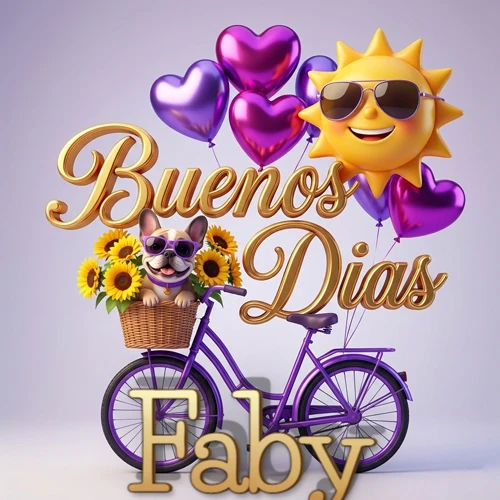 Bicicleta morada con cesta de girasoles y perrito, globos corazón, sol sonriente, nombre grande dorado abajo. Nombre personalizado: Faby.