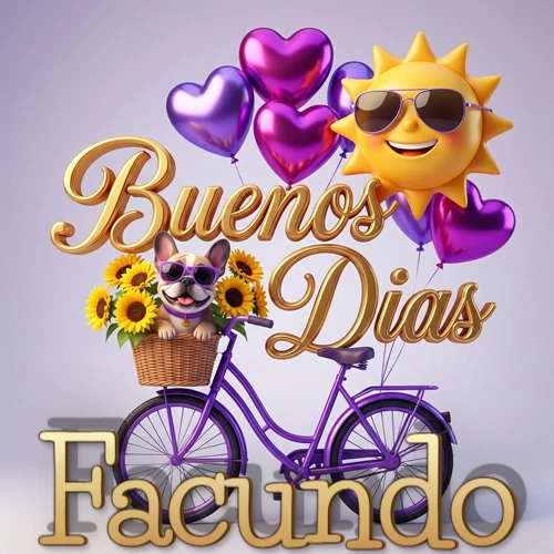 Bicicleta morada con cesta de girasoles y perrito, globos corazón, sol sonriente, nombre grande dorado abajo. Nombre personalizado: Facundo.