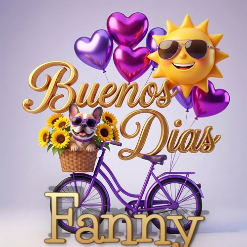 Bicicleta morada con cesta de girasoles y perrito, globos corazón, sol sonriente, nombre grande dorado abajo. Nombre personalizado: Fanny.