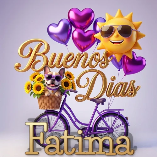 Bicicleta morada con cesta de girasoles y perrito, globos corazón, sol sonriente, nombre grande dorado abajo. Nombre personalizado: Fatima.