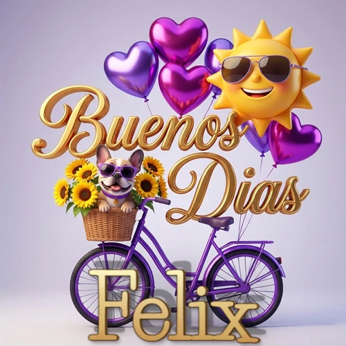 Bicicleta morada con cesta de girasoles y perrito, globos corazón, sol sonriente, nombre grande dorado abajo. Nombre personalizado: Felix.
