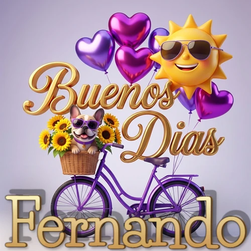 Bicicleta morada con cesta de girasoles y perrito, globos corazón, sol sonriente, nombre grande dorado abajo. Nombre personalizado: Fernando.