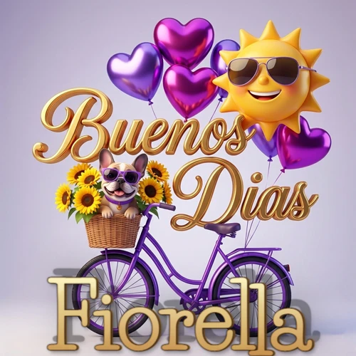 Bicicleta morada con cesta de girasoles y perrito, globos corazón, sol sonriente, nombre grande dorado abajo. Nombre personalizado: Fiorella.