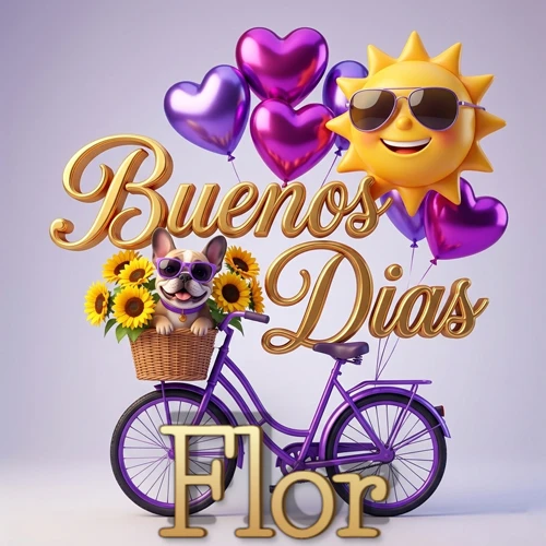 Bicicleta morada con cesta de girasoles y perrito, globos corazón, sol sonriente, nombre grande dorado abajo. Nombre personalizado: Flor.