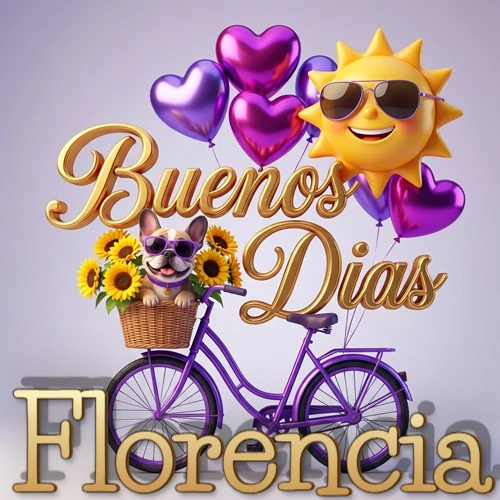 Bicicleta morada con cesta de girasoles y perrito, globos corazón, sol sonriente, nombre grande dorado abajo. Nombre personalizado: Florencia.