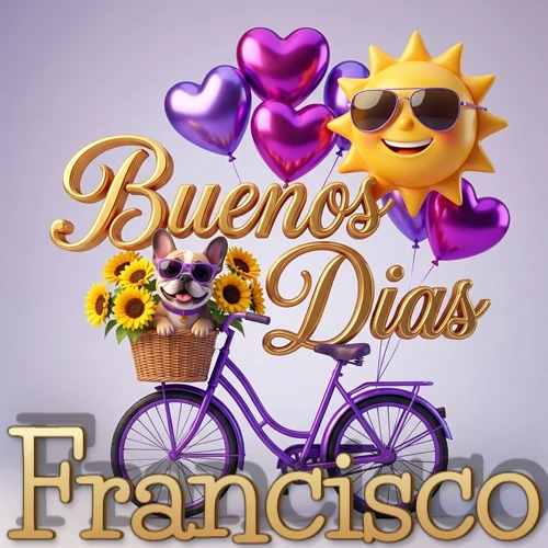 Bicicleta morada con cesta de girasoles y perrito, globos corazón, sol sonriente, nombre grande dorado abajo. Nombre personalizado: Francisco.