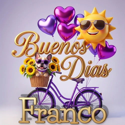 Bicicleta morada con cesta de girasoles y perrito, globos corazón, sol sonriente, nombre grande dorado abajo. Nombre personalizado: Franco.