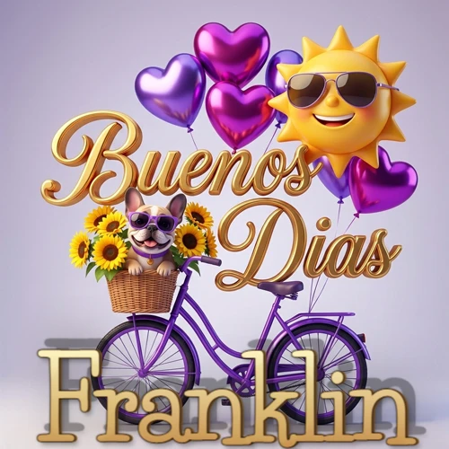 Bicicleta morada con cesta de girasoles y perrito, globos corazón, sol sonriente, nombre grande dorado abajo. Nombre personalizado: Franklin.