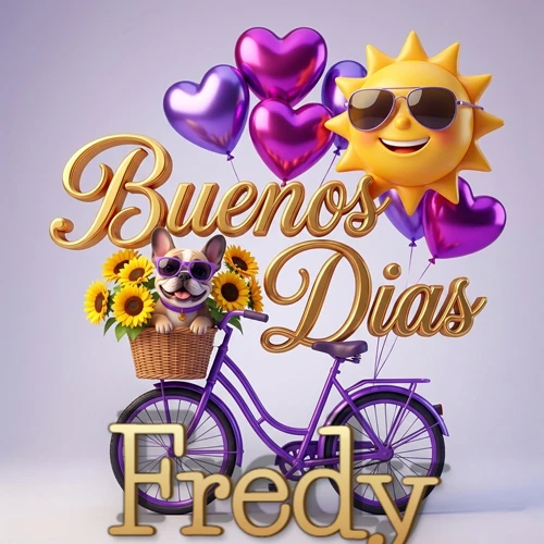 Bicicleta morada con cesta de girasoles y perrito, globos corazón, sol sonriente, nombre grande dorado abajo. Nombre personalizado: Fredy.
