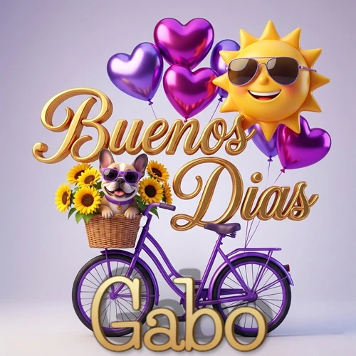 Bicicleta morada con cesta de girasoles y perrito, globos corazón, sol sonriente, nombre grande dorado abajo. Nombre personalizado: Gabo.