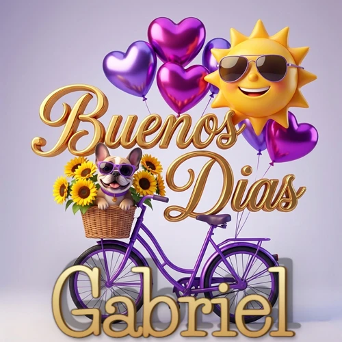 Bicicleta morada con cesta de girasoles y perrito, globos corazón, sol sonriente, nombre grande dorado abajo. Nombre personalizado: Gabriel.