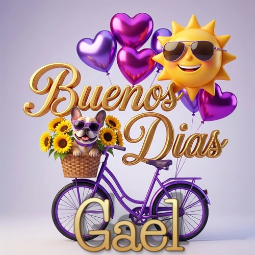 Bicicleta morada con cesta de girasoles y perrito, globos corazón, sol sonriente, nombre grande dorado abajo. Nombre personalizado: Gael.