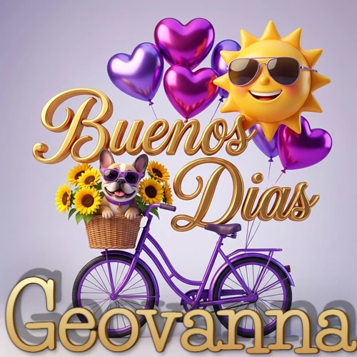 Bicicleta morada con cesta de girasoles y perrito, globos corazón, sol sonriente, nombre grande dorado abajo. Nombre personalizado: Geovanna.