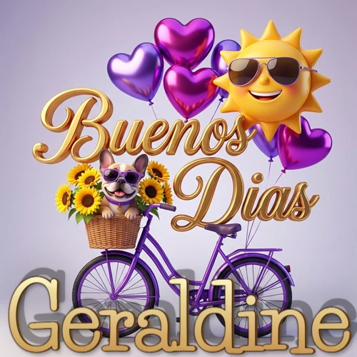 Bicicleta morada con cesta de girasoles y perrito, globos corazón, sol sonriente, nombre grande dorado abajo. Nombre personalizado: Geraldine.