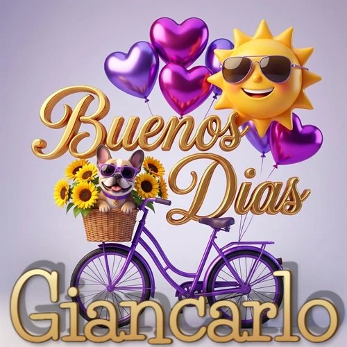 Bicicleta morada con cesta de girasoles y perrito, globos corazón, sol sonriente, nombre grande dorado abajo. Nombre personalizado: Giancarlo.