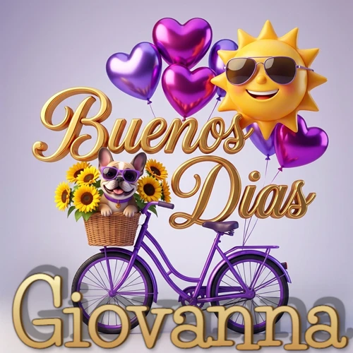Bicicleta morada con cesta de girasoles y perrito, globos corazón, sol sonriente, nombre grande dorado abajo. Nombre personalizado: Giovanna.