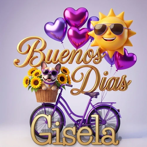 Bicicleta morada con cesta de girasoles y perrito, globos corazón, sol sonriente, nombre grande dorado abajo. Nombre personalizado: Gisela.