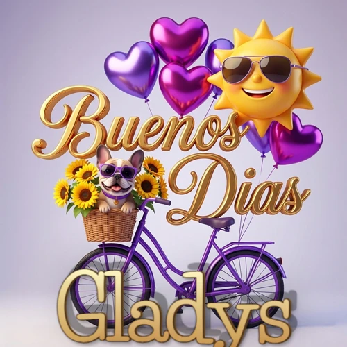 Bicicleta morada con cesta de girasoles y perrito, globos corazón, sol sonriente, nombre grande dorado abajo. Nombre personalizado: Gladys.