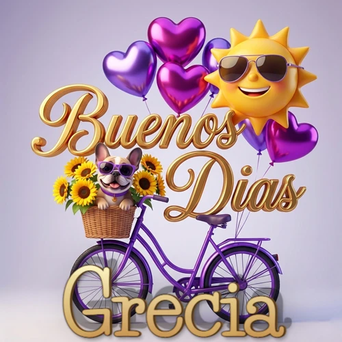 Bicicleta morada con cesta de girasoles y perrito, globos corazón, sol sonriente, nombre grande dorado abajo. Nombre personalizado: Grecia.