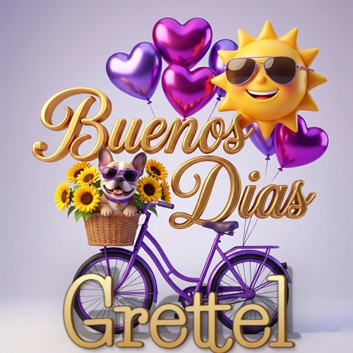 Bicicleta morada con cesta de girasoles y perrito, globos corazón, sol sonriente, nombre grande dorado abajo. Nombre personalizado: Grettel.
