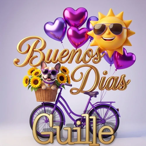 Bicicleta morada con cesta de girasoles y perrito, globos corazón, sol sonriente, nombre grande dorado abajo. Nombre personalizado: Guille.