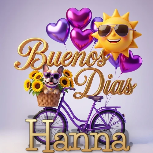 Bicicleta morada con cesta de girasoles y perrito, globos corazón, sol sonriente, nombre grande dorado abajo. Nombre personalizado: Hanna.