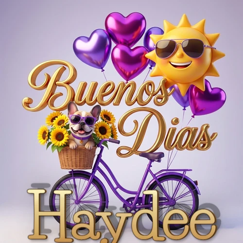 Bicicleta morada con cesta de girasoles y perrito, globos corazón, sol sonriente, nombre grande dorado abajo. Nombre personalizado: Haydee.
