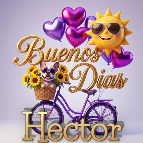 Bicicleta morada con cesta de girasoles y perrito, globos corazón, sol sonriente, nombre grande dorado abajo. Nombre personalizado: Hector.