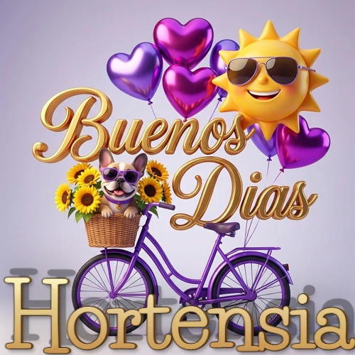 Bicicleta morada con cesta de girasoles y perrito, globos corazón, sol sonriente, nombre grande dorado abajo. Nombre personalizado: Hortensia.
