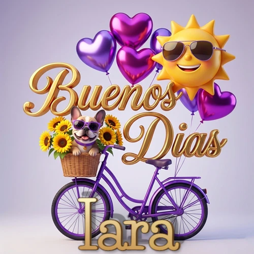 Bicicleta morada con cesta de girasoles y perrito, globos corazón, sol sonriente, nombre grande dorado abajo. Nombre personalizado: Iara.