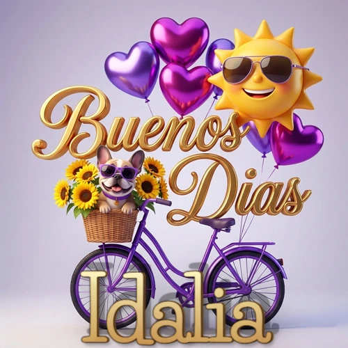 Bicicleta morada con cesta de girasoles y perrito, globos corazón, sol sonriente, nombre grande dorado abajo. Nombre personalizado: Idalia.