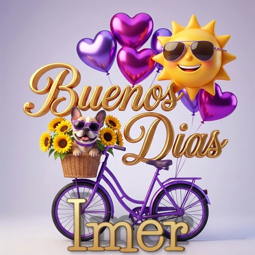 Bicicleta morada con cesta de girasoles y perrito, globos corazón, sol sonriente, nombre grande dorado abajo. Nombre personalizado: Imer.