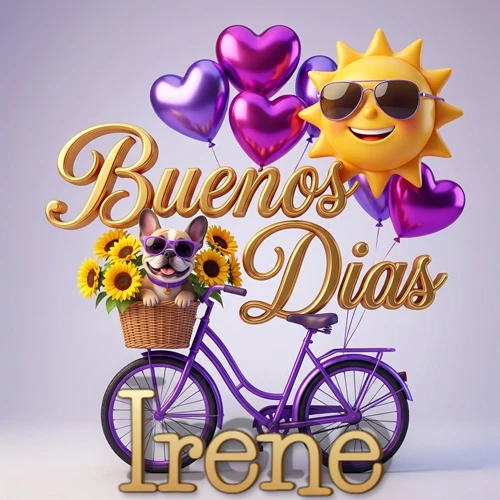 Bicicleta morada con cesta de girasoles y perrito, globos corazón, sol sonriente, nombre grande dorado abajo. Nombre personalizado: Irene. Bicicleta morada con cesta de girasoles y perrito, globos corazón, sol sonriente, nombre grande dorado abajo. Nombre personalizado: Irene.
