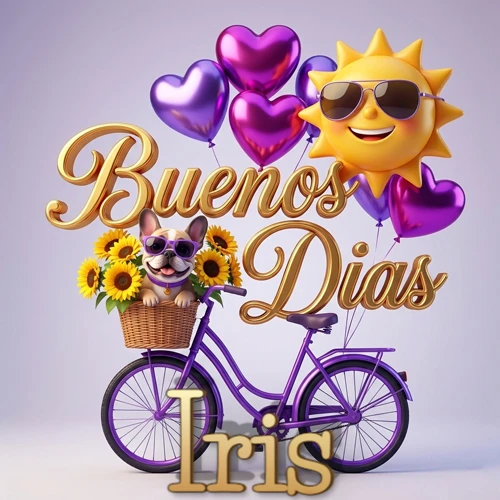 Bicicleta morada con cesta de girasoles y perrito, globos corazón, sol sonriente, nombre grande dorado abajo. Nombre personalizado: Iris.