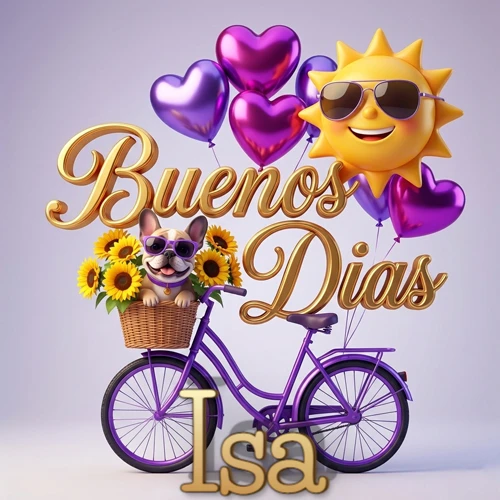 Bicicleta morada con cesta de girasoles y perrito, globos corazón, sol sonriente, nombre grande dorado abajo. Nombre personalizado: Isa.
