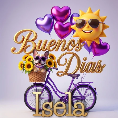 Bicicleta morada con cesta de girasoles y perrito, globos corazón, sol sonriente, nombre grande dorado abajo. Nombre personalizado: Isela.