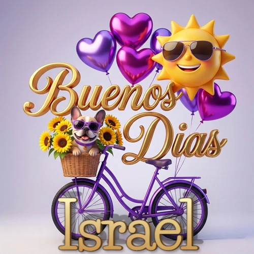 Bicicleta morada con cesta de girasoles y perrito, globos corazón, sol sonriente, nombre grande dorado abajo. Nombre personalizado: Israel.