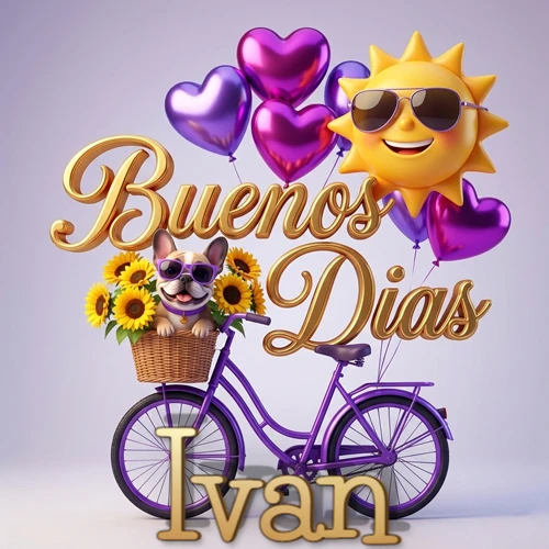Bicicleta morada con cesta de girasoles y perrito, globos corazón, sol sonriente, nombre grande dorado abajo. Nombre personalizado: Ivan.