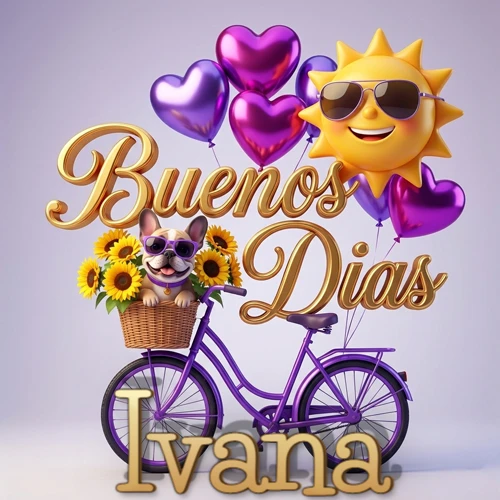 Bicicleta morada con cesta de girasoles y perrito, globos corazón, sol sonriente, nombre grande dorado abajo. Nombre personalizado: Ivana.