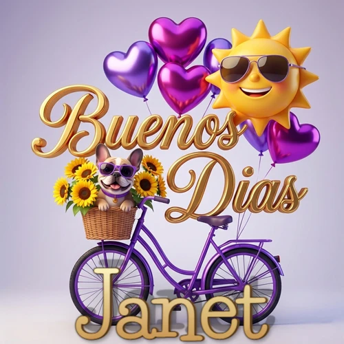Bicicleta morada con cesta de girasoles y perrito, globos corazón, sol sonriente, nombre grande dorado abajo. Nombre personalizado: Janet.