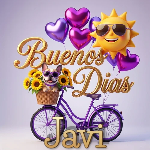 Bicicleta morada con cesta de girasoles y perrito, globos corazón, sol sonriente, nombre grande dorado abajo. Nombre personalizado: Javi.