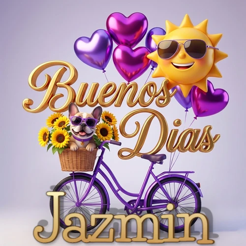 Bicicleta morada con cesta de girasoles y perrito, globos corazón, sol sonriente, nombre grande dorado abajo. Nombre personalizado: Jazmin.