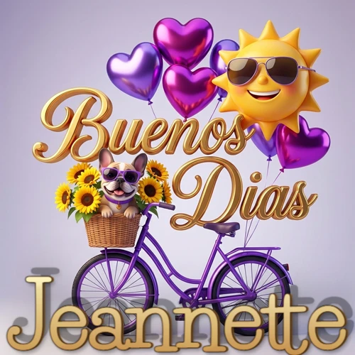 Bicicleta morada con cesta de girasoles y perrito, globos corazón, sol sonriente, nombre grande dorado abajo. Nombre personalizado: Jeannette.