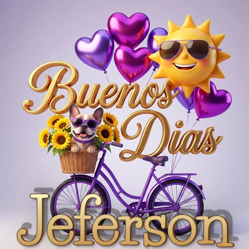 Bicicleta morada con cesta de girasoles y perrito, globos corazón, sol sonriente, nombre grande dorado abajo. Nombre personalizado: Jeferson.
